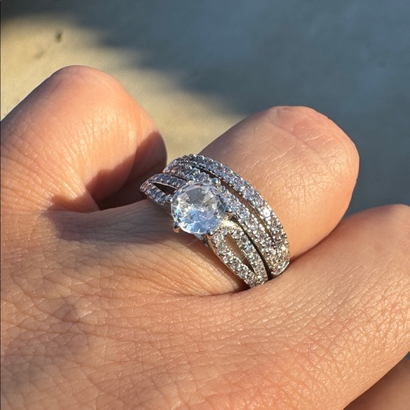 Wedding Engagement Elegant Silver Sparkle Pave Ring w Band Set Size 7 - Picture 9 of 11